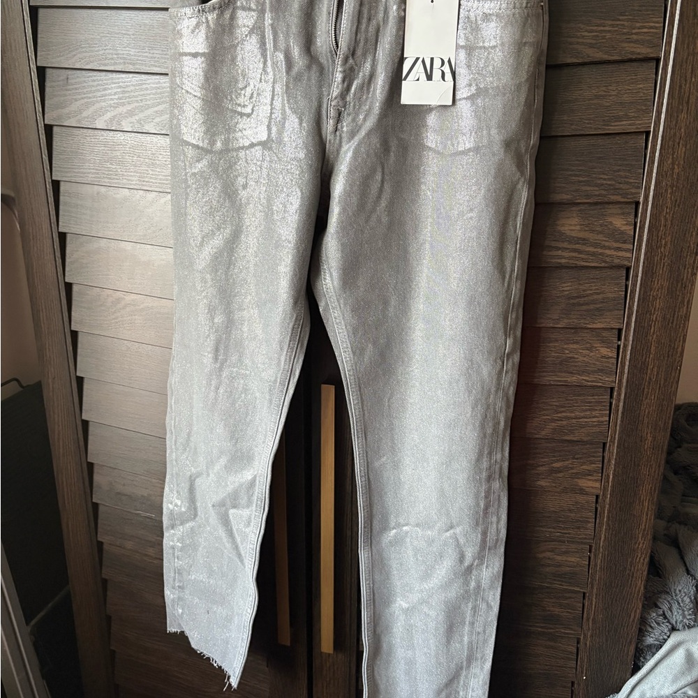 Zara Shiny Silver coated denim Jeans